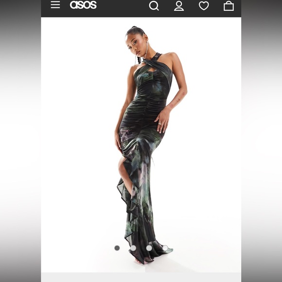 ASOS Dresses & Skirts - ASOS Black and Green One‑Shoulder Ruched Maxi Dress